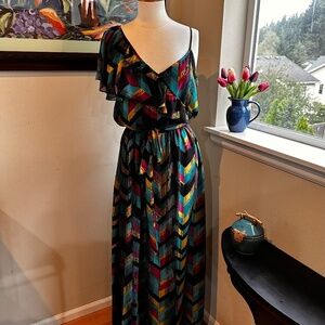 Allen B.Schwartz Colorful Chevron One Ruffled Shoulder Flowy Chiffon Maxi Dress